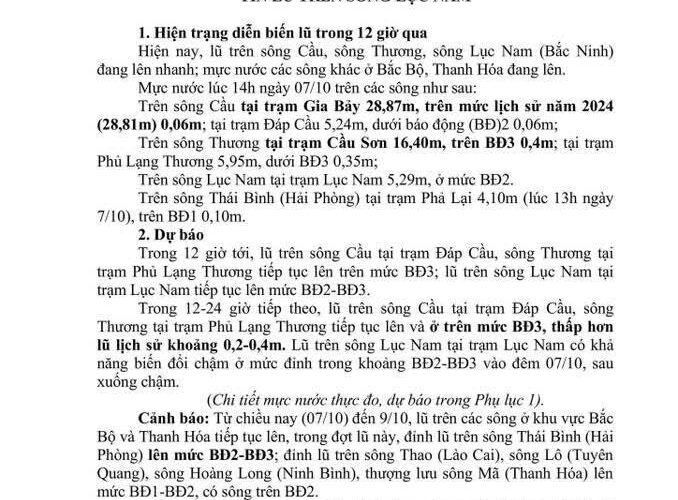 BẮC NINH: TIN LŨ ĐẶC BIỆT LỚN TRÊN SÔNG CẦU; LŨ KHẨN CẤP TRÊN SÔNG THƯƠNG; LŨ TRÊN SÔNG LỤC NAM